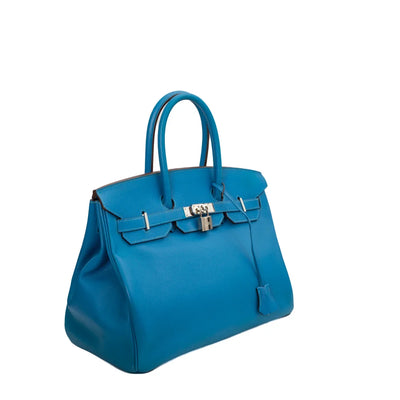 Birkin 35 leather handbag Hermès Blue in Leather - 14820852