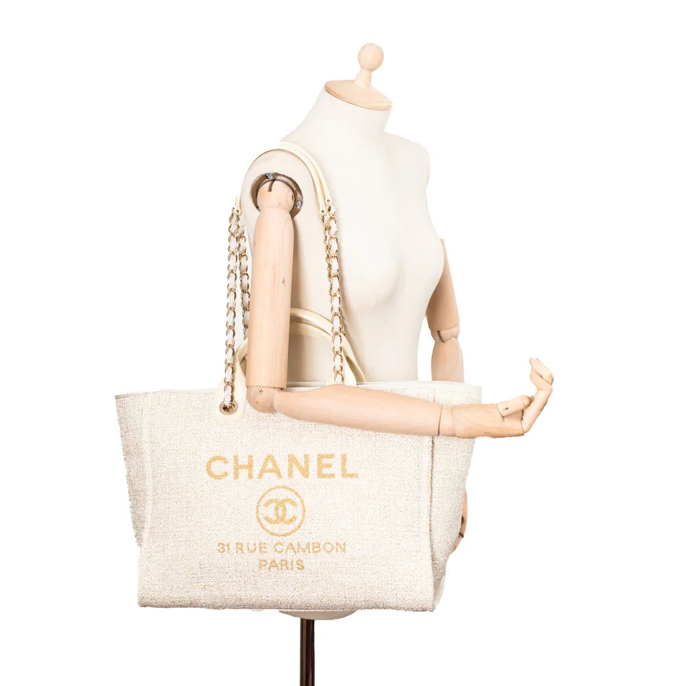 Cambon Chanel Yellow Deauville MM Canvas & leather chain tote bag