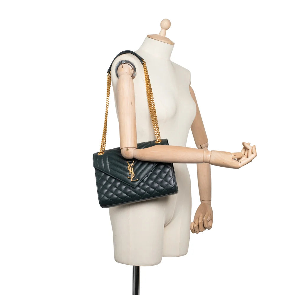 Saint Laurent Medium Envelope bag in green grained leather Second Hand Used Vintega