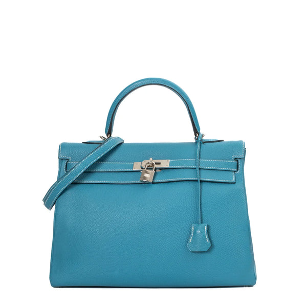 Kelly 35 bag in blue leather Herm s Second Hand Used Vintega