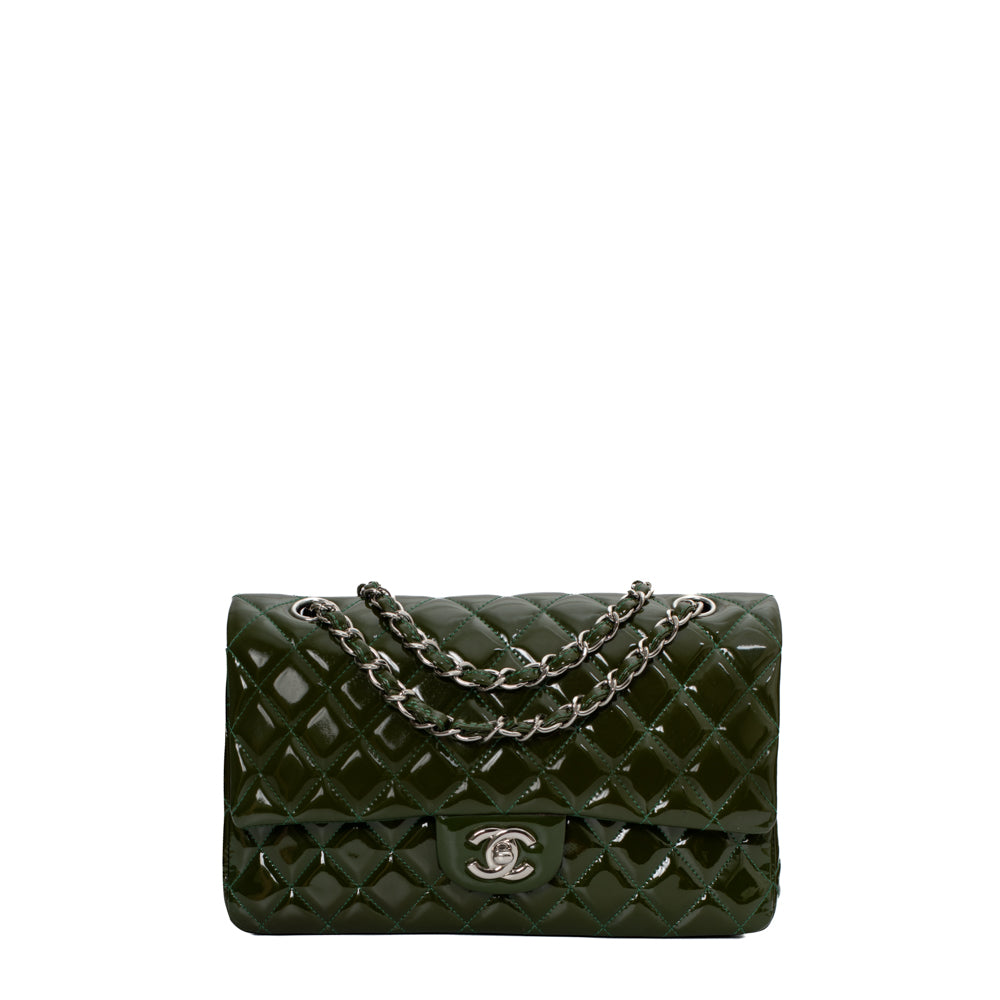 Chanel Quilted M/L Medium Double Flap Iridescent Olive Green