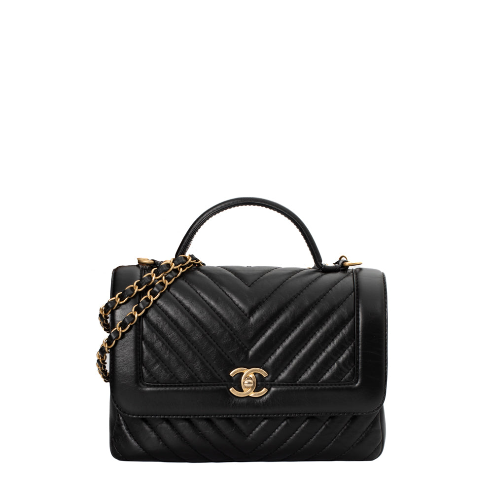 Chanel Black Leather Chevron Top Handle Bag - Second Hand / Used – Vintega